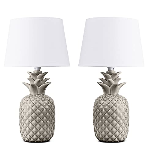 konsimo AREDI 2er Set Ananas Tischlampe - Schreibtischlampe für Wohnzimmer, Schlafzimmer und Flur - Tischleuchten Leselampe - Pineapple Lamp- Lampen Bürolampe - Weiß - Keramik und Stoff Table Lamp von k. konsimo.