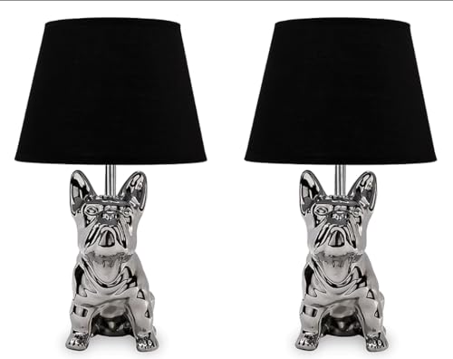 konsimo FODIO Tischlampe 2er - Mops Lampe - Schreibtischlampe für Wohnzimmer, Schlafzimmer - Tischleuchten Leselampe - Desk Bulldog Lamp - Keramik und Stoff Table Lamp - Schwarz von k. konsimo.