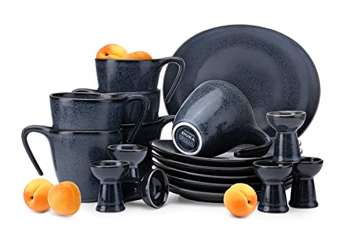 konsimo Frühstück Geschirr Set 6 Personen - TIME BLACK Mikrowellenfest Teller Set Modern 18 Teilig - Spülmaschinengeeignet Tafelservice Hartporzellan - Becher Frühstücksteller Eierbecher Schwarz von k. konsimo.