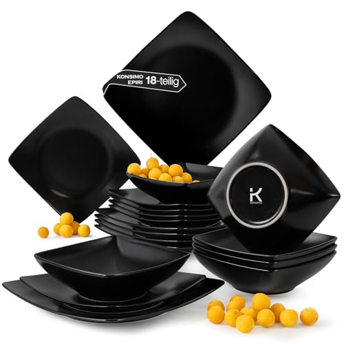 Konsimo. Geschirrset 6 Personen - EPIRI Teller Set 18 Teilig - Modern Tafelservice & Geschirrsets - Kombiservice 6 Personen - Steingut Service für Familie - Geschirr Schwarz Matt von k. konsimo.