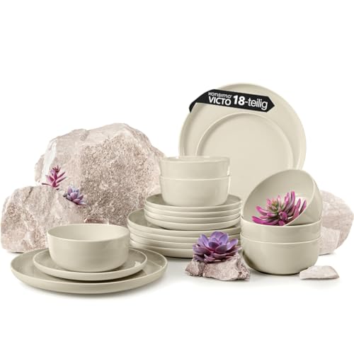 Konsimo. Geschirrset 6 Personen - VICTO Teller Set Modern 18 Teilig - Tafelservice & Geschirrsets - Kombiservice 6 Personen - Steingut Service für Familie - Geschirr Beige - Plates - Essgeschirr von k. konsimo.