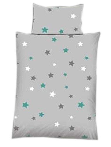 Baby Bettwäsche Sterne / Stars grau Baumwolle 100 x 135 cm & 40 x 60 cm mit Reißverschluss (Petrol) von ka