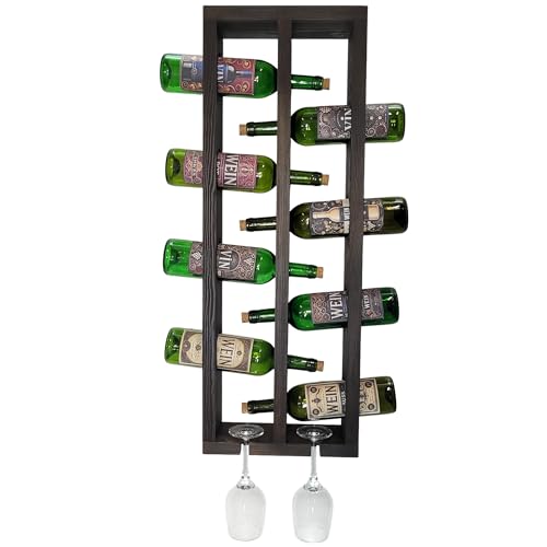 Hängendes Weinregal mit Gläserhalterung für 2 Gläser, Ständer aus massivem Kiefernholz für 8 Flaschen, Wand-Alkoholregal, Dunkelbraun 84x30x12 cm von kadamahu