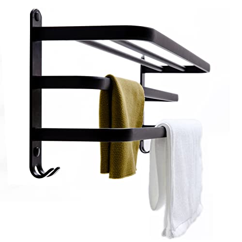 Handtuchhalter für Badezimmer, schwarz, Wandmontage, mit Regal, mattes schwarzes Finish, Raumfahrt-Aluminium, selbstklebend, Towel Rack mit Haken, für Badezimmer, Küche, 60 cm von kaileFURN