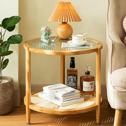 kaileFURN Round Water-Wave Glas Couchtisch, 2-Tier Rattan End Tabelle Nachttisch Modernes Bauernhaus Beistelltisch Runde Tabelle Für Wohnzimmer Und Kleine Räume von kaileFURN