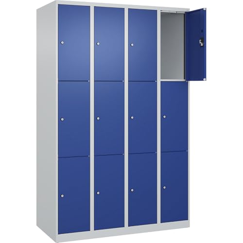 kaiserkraft | 3er-Schließfachschrank Evolo Plus | 4 Abteile | lichtgrau/enzianblau | B 1200 mm | 12 Fächer | mit Bodengleitern | Zylinderschloss von kaiserkraft