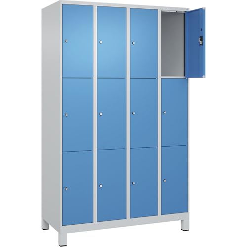kaiserkraft | 3er-Schließfachschrank Evolo Plus | 4 Abteile | lichtgrau/lichtblau | B 1200 mm | 12 Fächer | mit Breiten Füßen | Zylinderschloss von kaiserkraft