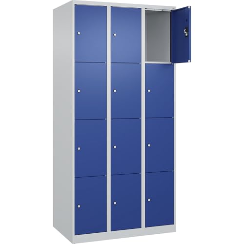 kaiserkraft | 4er-Schließfachschrank Evolo Plus | 3 Abteile | lichtgrau/enzianblau | B 900 mm | 12 Fächer | mit Bodengleitern | Zylinderschloss von kaiserkraft