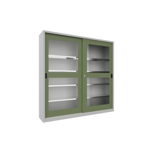 kaiserkraft | Schiebetürenschrank | Höhe 1950 mm | Sichtfenstertüren | BxT 2000 x 400 mm | mit Trennwand und 2 x 4 Fachböden | Tür resedagrün von kaiserkraft