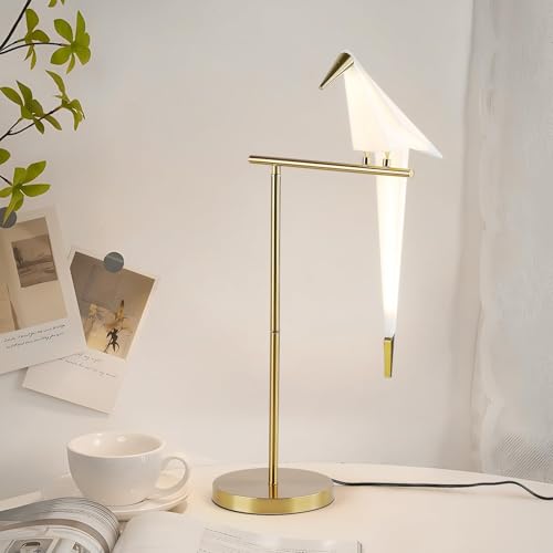 Tischlampe Wohnzimmer Moderne Schaukel Vogel, LED Nachttischlampe Vintage Schlafzimmer 3000K Warme Acryl Metall Lesebuch Licht Schreibtischlampe Gold Papier Kran E27 Nachtlampe 79 cm * 35 cm von kaixunl