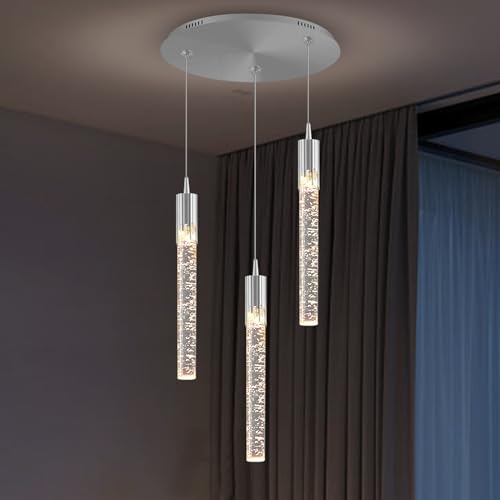 kaixunl 3-flammiger Mini-Chrom-Kristall-Kronleuchter, moderne LED-Pendelleuchte für Kücheninsel, verstellbare Hängeleuchte für Esszimmer, Schlafzimmer, dimmbar 2700 K, 4500 K, 6000 K von kaixunl
