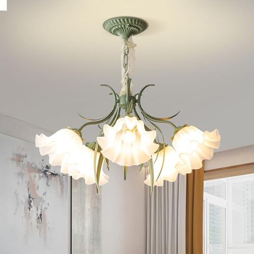 kaixunl Vintage Blumen Design Metall Pendelleuchte,Französischer Landhaus Kronleuchter lampe, Lampenschirm aus Acryl Retro chandelier， für Schlafzimmer Wohnzimmer Restaurant Veranda Flur (5 Köpfe) von kaixunl