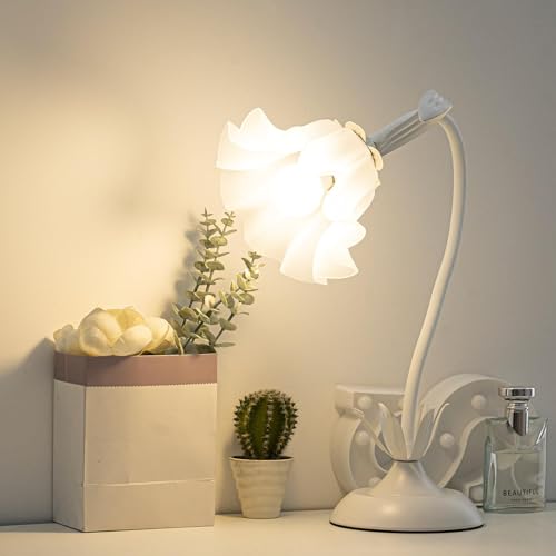kaixunl Weiß Nachttischlampe,Acryl Blumen Tischlampe,Metall Schreibtischlampe Mädchen, Lampenschirm aus Acryl Frei drehbare Bedside Lamp mit dreifarbiger Beleuchtung für Schlafzimmer Wohnzimmer,50 cm von kaixunl