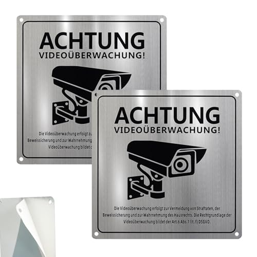 KAIYAYA 2 Stück Achtung Videoüberwachung Schild 15 x 15cm Kamera Überwachung Schild mit Selbstklebend und Bohrlöcher, Videoüberwachung Aufkleber mit DSGVO Hinweis für den Innen und Außenbereich von kaiyaya