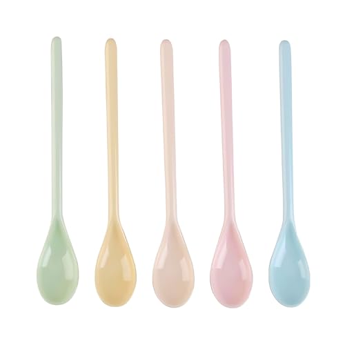 KAIYAYA 5 Stück Farbe Plastik Löffel,Set Eierlöffel Frühstückslöffel 18.5 cm,Plastiklöffel Lange Kunststoff Bunt,Kunststofflöffel Melamin Eislöffel,Marmeladenlöffel für Getränke Eier Eis Joghurt von kaiyaya