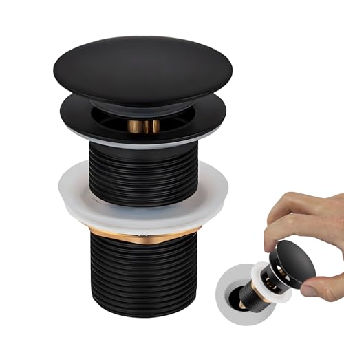 KAIYAYA Ablaufgarnitur Waschbecken Schwarz Pop Up Ablaufventil Ohne Überlauf mit Siebkörbchen Universal 66mm x G1 1/4 Waschbecken Ablauf Ablaufgarnitur Push Open Ablaufventil für Waschbeckn Waschtisch von kaiyaya