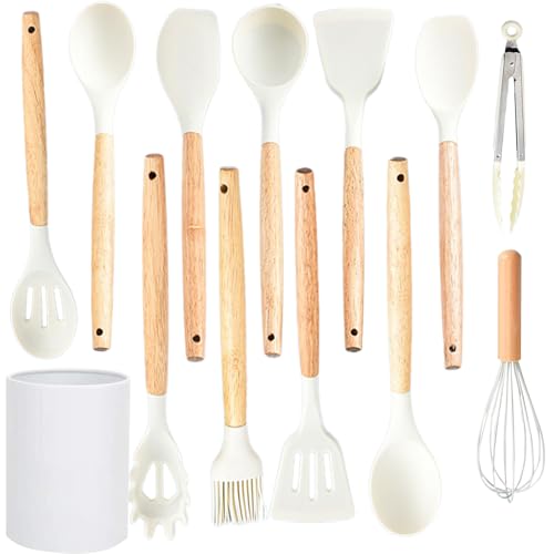 KAIYAYA Silikon Küchenutensilien Set 12 Stück Küchenhelfer Set mit Utensilienhalter Antihaft Silikon Küchenhelfer Hitzebeständiger Holzgriff Kochbesteck Set BPA-frei Spülmaschinenfest für Jede Küche von kaiyaya