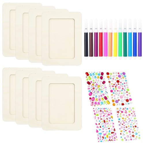 kaiyaya Bilderrahmen Bastelset 8 Stück DIY Holzbilderrahmen Set mit Selbstklebende Glitzersteine und farbige Stifte DIY Fotorahmen Bastelset Bunt Holzrahmen für Holzfarbe Geschenke Kunsthandwerk von kaiyaya