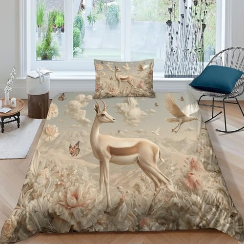 Arabische Gazelle Microfaser Betten Set Single（135x200cm）, 3-teilig 3D Druck Blühende Wüstenblumen, Für Erwachsene Kinder Weiche Bettbezug Set Mit Kissenbezug von kaiyun