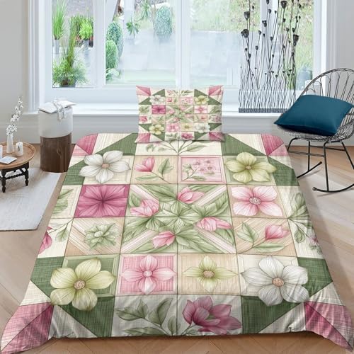 Bettwäsche-Set Wunderschöne blasse Rosa- und Grüntöne Bettbezug 3 Teiliges,Microfaser Mit Kissenbezüg,Frühlingsstimmung Bedruckt Motiv: Für Erwachsene Kinder Single（135x200cm） von kaiyun