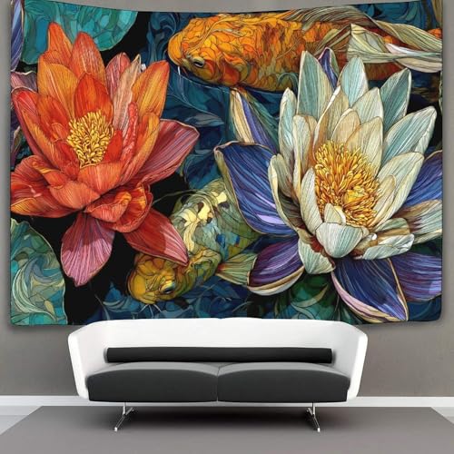 Blühender Lotus Tapisserie Japanischer Koiteich Wandteppich Wandbehang Für Schlafzimmer Wohnzimmer Schlafsaal 70cmx100cm von kaiyun