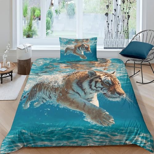 EIN Tiger schwimmt anmutig unter Wasser Microfaser Betten Set Single（135x200cm）, 3-teilig 3D Druck, Für Erwachsene Kinder Weiche Bettbezug Set Mit Kissenbezug von kaiyun