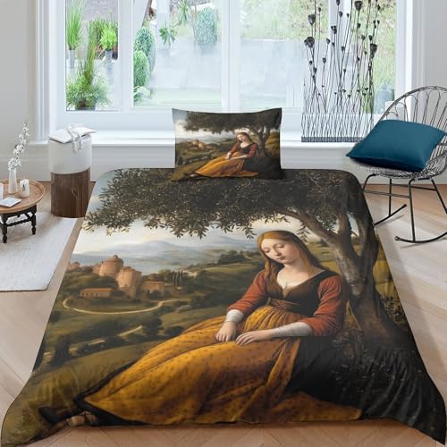Italienisches Gemälde der Frührenaissance Betten Set 3D Frau Under An Olive Baum Microfaser Bettbezug 3D Druck Mit Kissenbezüg Für Erwachsene Kinder Teenager Single（135x200cm） von kaiyun