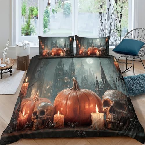 Kürbisse, Skelette Spinnen, Kerzen Microfaser Bettbezug 3D-Druck Gothic Katzehedrals Bettwäsche-Set 3 Teiliges Mit Kissenbezüg Für Erwachsene Kinder Teenager Double（200x200cm） von kaiyun