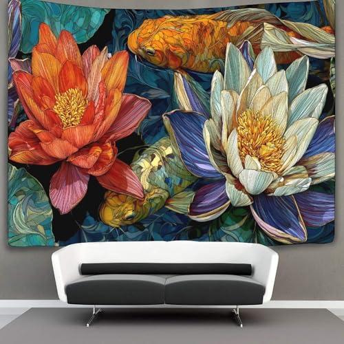 Microfaser Flauschiger Wandteppich Mit Blühender Lotus Wandbespannung Oder Deckenbespannung Wandtuch (180cmx230cm,Japanischer Koiteich) von kaiyun