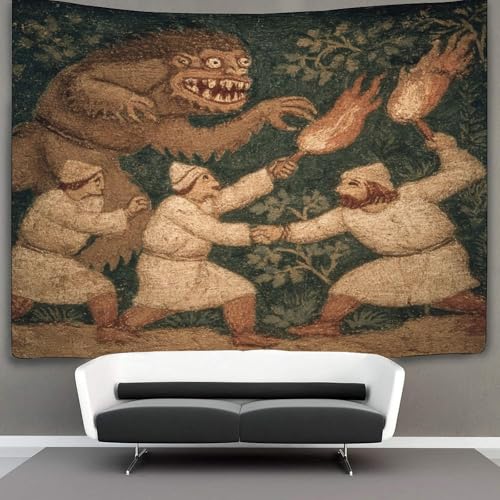 Mittelalterlicher Kunststil Tapisserie Szene mit Mann mit Fackel im Kampf gegen Troll Wandteppich Wandbehang Für Schlafzimmer Wohnzimmer Schlafsaal 130cmx150cm von kaiyun