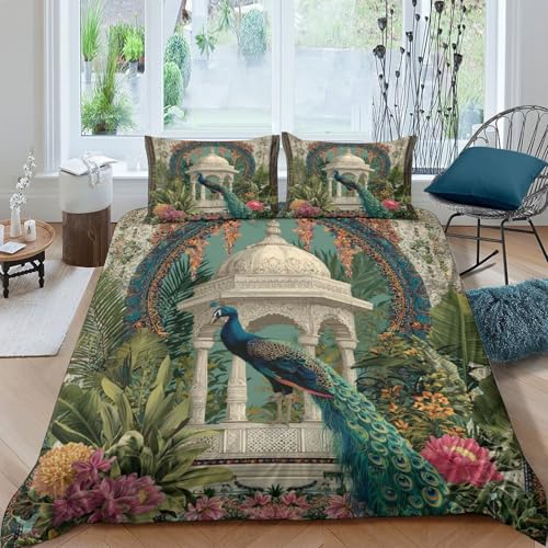 Pfau Bettwäsche-Set Mit Kissenbezügen,3D-Digitaldruck Marmor-Pavillon Tropische Pflanzen Microfaser Bettbezug 3-teilig Für Erwachsene Kinder Teenager Double（200x200cm） von kaiyun