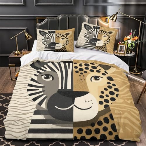 Zebra- und Leopardengesichtssegmentierungsbilder Bettwäsche Set 3D-gedrucktes Muster, Kissenbezug Und Bettbezug Schlafkomfort-Mikrofaser Super King（260x220cm） Für Kinder Teenager von kaiyun