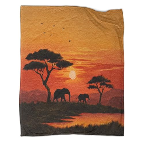 kaiyun Afrikanischer Sonnenuntergang Muster Decke Elefants and Acacia Trees Neuartiges Design Schlafsaal Weiche Bequeme Flauschige Überwürfe Vier Jahreszeiten 60x80inch(150x200cm) von kaiyun