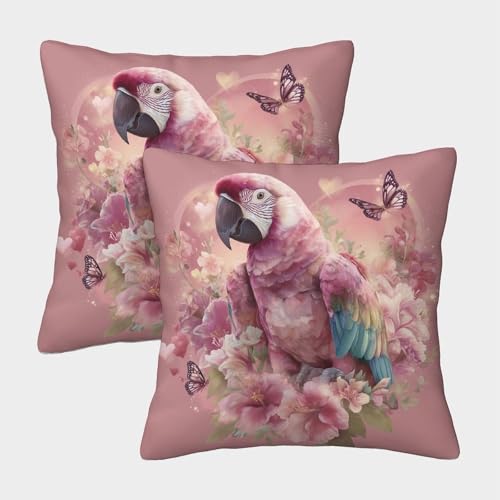 kaiyun Macaw Surrounded by Hearts and Blumen Dekokissenbezug 45x45cm 2er-Pack Kawaii-Cartoon Lässiger Landhausstil Square Pillowcase Garten Outdoor Kissen Sofakissen von kaiyun