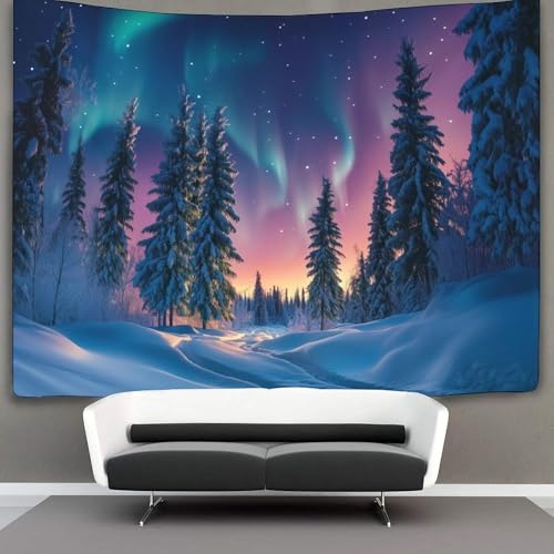 kaiyun Nordlichter Wandteppich Winter Bäume Tapisserie Wandbehang Landschaft Wandkunst Dekore 130cmx150cm von kaiyun