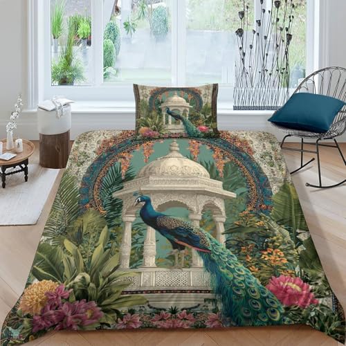 kaiyun Pfau Bettwäsche Single（135x200cm） Marmor-Pavillon Tropische Pflanzen 3D Druck Bettbezüge Und Kissenbezug Schlafkomfort Microfaser Set 3 Für Männer Und Frauen von kaiyun