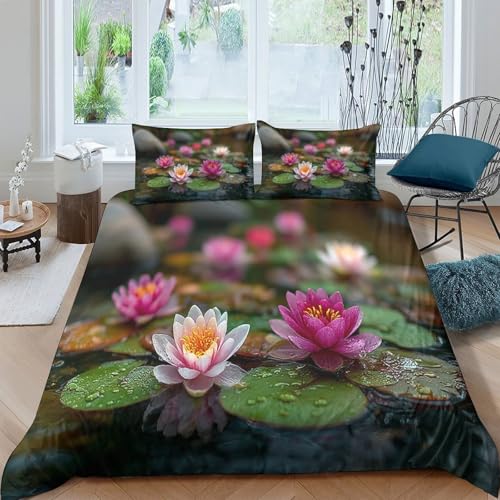 kaiyun Seerosen im Teich Bettwäsche Set,3D Pink and White Blumes Muster Bettbezug,mit Kissenbezug Schlafkomfort Microfaser Double（200x200cm） von kaiyun