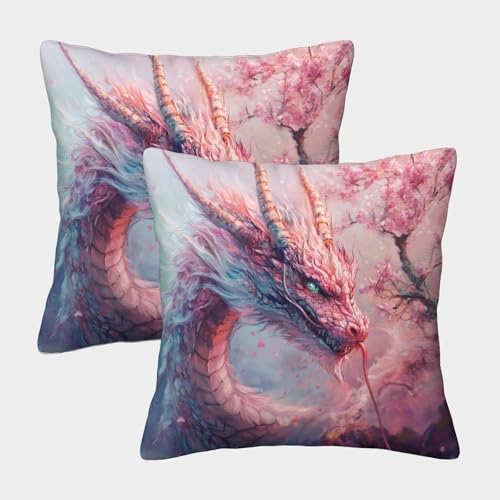 kaiyun Spring Color Drache Weicher Kissenbezug 45x45cm 2er-Pack Kissen Modern Pink Blumen Quadratischer Sofakissen Dekokissen Wohnzimmer Bett von kaiyun