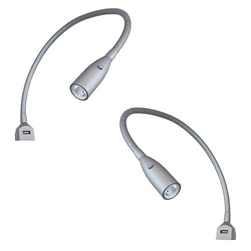 Flexible LED-Bettleuchte/LED-Leseleuchte mit integrierter USB Ladefunktion alu eloxiert/silbergrau (1er oder 2er Set alu eloxiert), Auswahl:2er Set silbergrau von kalb Material für Möbel
