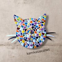Cathead, Mosaik Uhr, Katzenuhr, Buntes Mosaik, Bunte Katzenkopf Wanduhr Cathead, Mosaik Uhr, Katzenuhr, Buntes Mosaik, Bunte Katzenkopf Wanduhr von kamikatzecatart