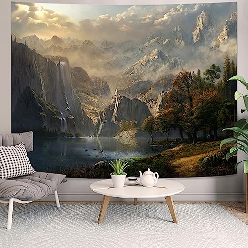 kampdream Fantasy World Wandteppich, Bergwald, See, Landschaft, Wandteppich, Wildnis, Sonnenschein, Natur, Wasserfall, Wandteppich für Schlafzimmer, Wohnzimmer, warm, 152,4 x 203,2 cm von kampdream
