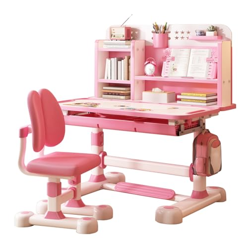 kamulouk KinderSchreibtisch Höhenverstellbar, 2pcs/Set Kinder schreibtischstuhl Mit Sittenkorrektur, Ergonomische Schreibtischstuhl Mit Buch, Fußpedal, Partition Design Rosa von kamulouk