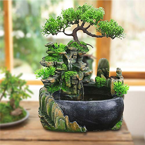 Brunnen Wasserfall Dekoration Springbrunnen Pflanze Zimmerbrunnen Garten Brunnen Steingarten Wasserfall Grüne Pflanze Brunnen Desktop Ornament 220V für Wohnzimmer (Ohne Zerstäuber, Ohne Licht) von kangten