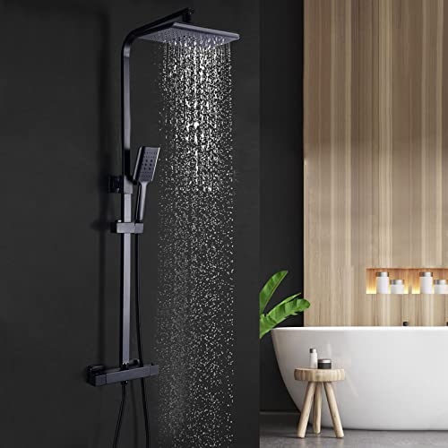 Duschsystem mit Thermostat Regendusche, Duscharmatur Duschset mit Handbrause Höhenverstellbarer Duschstange Regenbrause für Bad von kangten