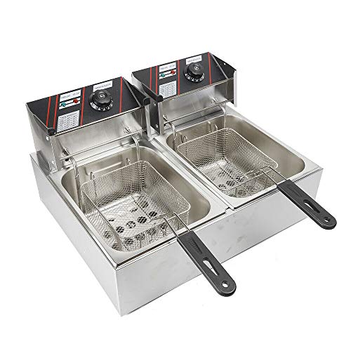 Friteuse Edelstahl, 5000W Elektrische Doppel Fritöse mit Frittierkorb und Edelstahldeckel Profi Fritteuse Multi Funktions Fettbackgerät 12L Handelsfritteuse für Frites und Snacks von kangten