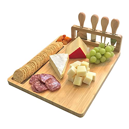 Käsebrett aus Bambus Einzigartige Bambus Käse Bord Charcuterie Platter & Tablett mit 4 Käsemesser Käseplatte Saftrille Set für Party-Geburtstag von kangten