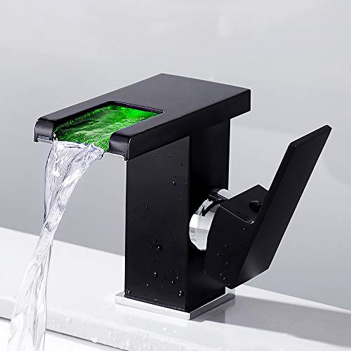 LED Wasserfall Waschbecken 3 Farben Wasserhahn Badarmatur Einhebelmischer Beckenarmaturen Schwarz für Badezimmer Küche von kangten