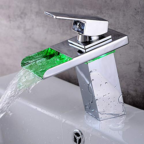 LED Wasserhahn, Wasserfall Waschtischarmatur mit RGB 3 Farbewechsel Beleuchtung Bad Armatur Wasserfall Auslauf Waschbeckenarmatur für Badezimmer von kangten