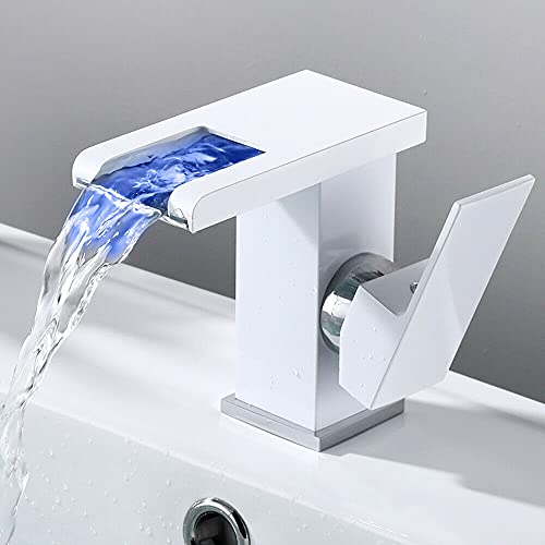 LED Wasserhahn, Weiß Wasserfall Waschtischarmatur mit RGB 3 Farbewechsel Beleuchtung Bad Armatur Glas Wasserfall Auslauf Waschbeckenarmatur für Badezimmer von kangten