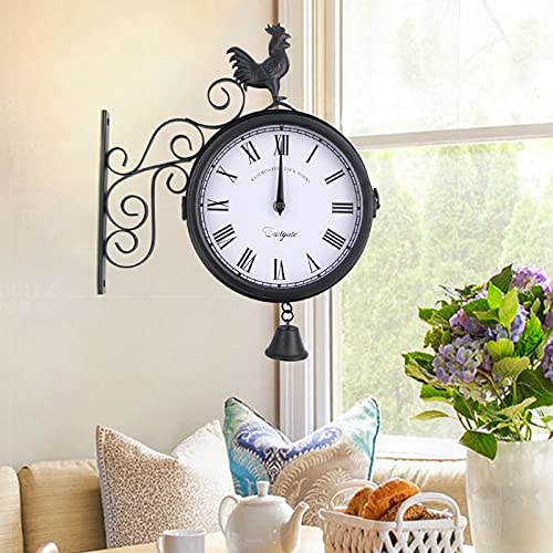 Retro Wanduhr, Antik Stil Doppelseitige Bahnhofsuhr Metall Runde Hängenduhr Outdoor Dekorative 30x9x37cm für Garten Korridoren Veranda Bahnhof von kangten
